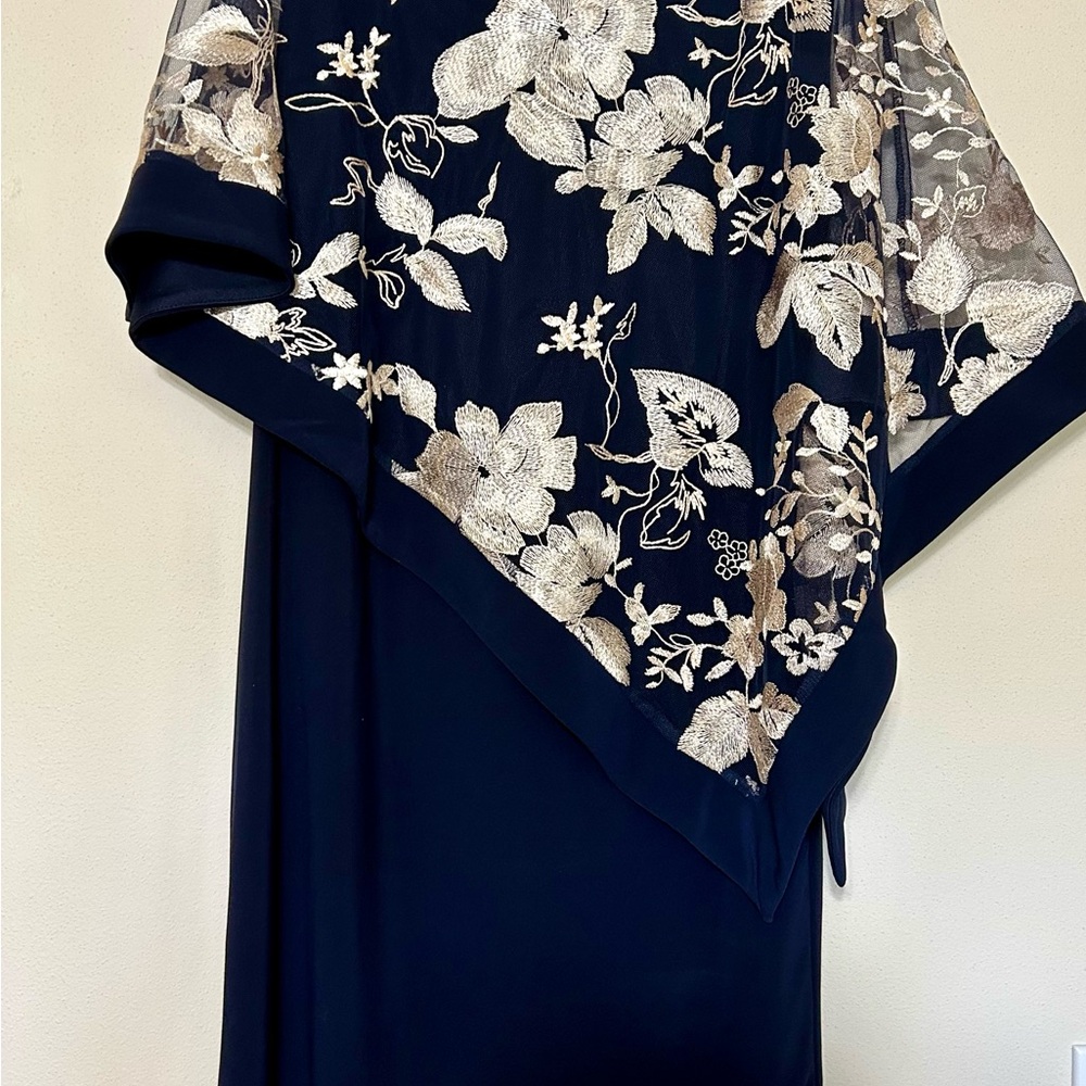 Size 16 Women Navy Blue Sheath Dress with Champagne Floral Embroidered Cape